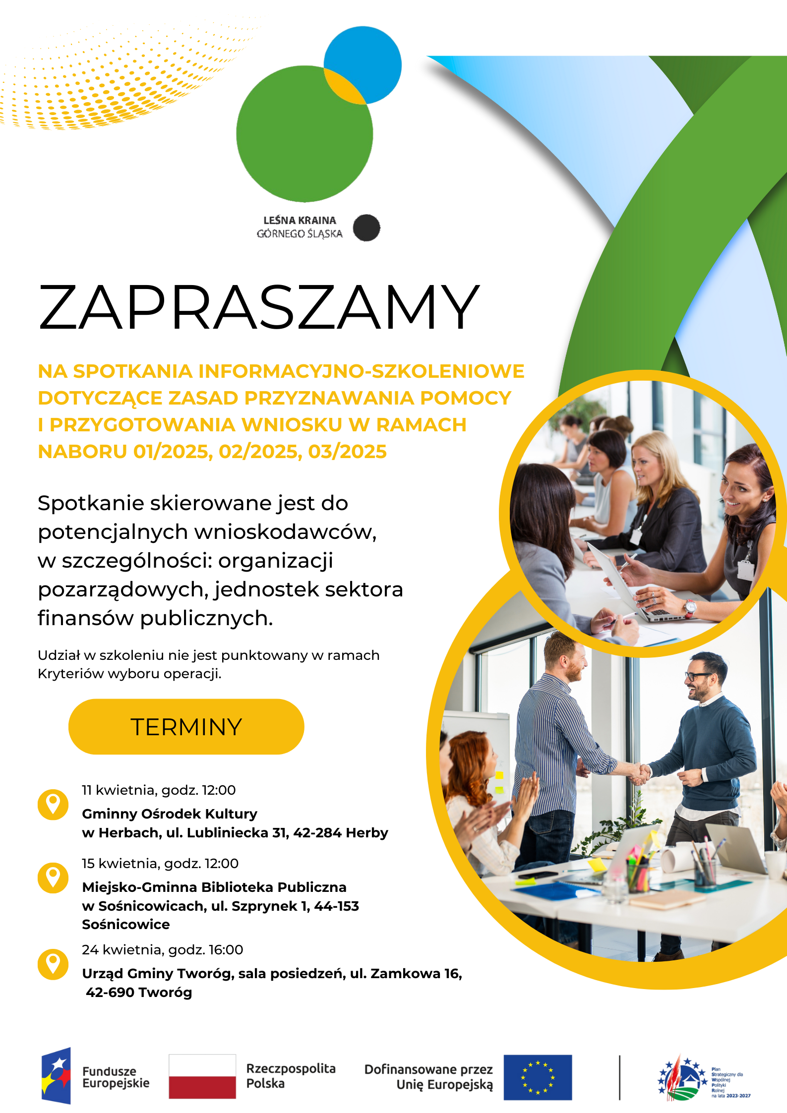 Zapraszamy na spotkania informacyjno-szkoleniowe dotyczące zasad przyznawania pomocy  i przygotowania wniosku w ramach naboru 01/2025, 02/2025, 03/2025